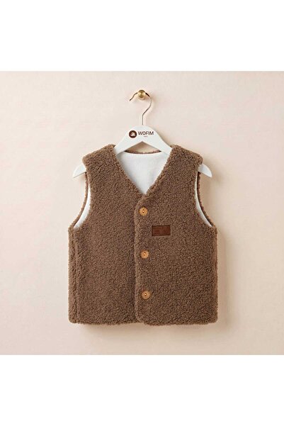 wofım kıds Bebek Peluş Teddy Yelek Kahverengi Düğmeli Yelek