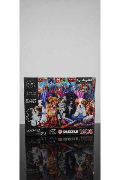 PUZZLELAND 1000 Parça Puzzle – Sevimli Kedi ve Köpekler Sanat Atölyesinde (48...