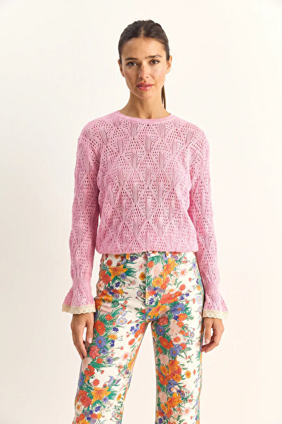 Generic Brand Women's Openwork Crew Neck Flounce Sleeves Lightweight Flowy Kn...