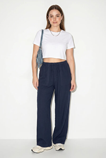 Efnaz style Women's Elastic Waist, Pocket Detailed, Loose Navy Blue Trousers