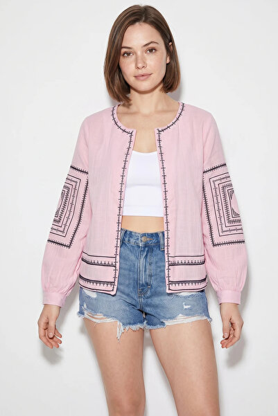 Efnaz style Women's Embroidery Detailed Summer Muslin Dusty Pink Jacket