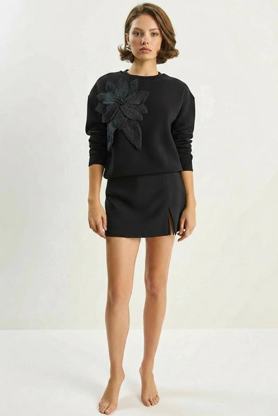 Şeker Portakalım Women's Crew Neck Black Sweatshirt with Floral Accessories and Three-Thread Ribbed Detail