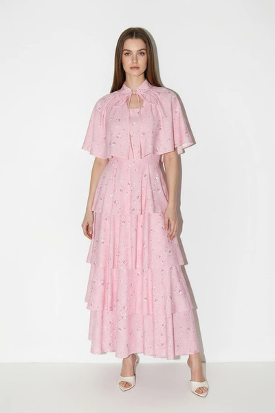 Efnaz style Women's Floral Patterned Layered Flounce Cape Long Pink Dress