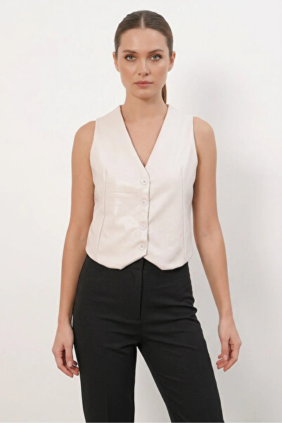 Efnaz style Women's V-Neck Buttoned Beige Vest