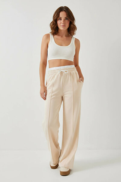 Efnaz style Women's Elastic Waist Tied Beige Trousers