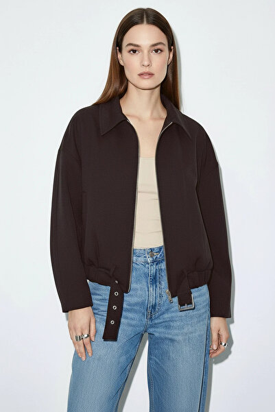 Efnaz style Women's Oversize Belt Detailed Zippered Lined Bomber Bitter Brown...