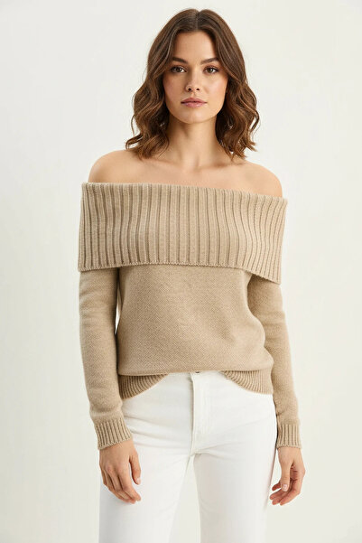 Efnaz style Women's Madonna Collar Knitwear Beige Sweater