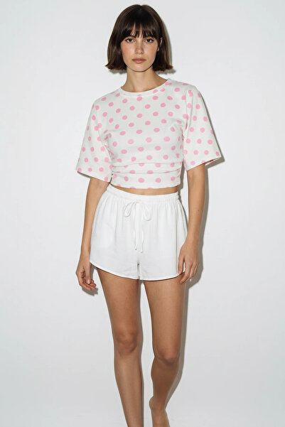 Şeker Portakalım Women's Crew Neck Polka Dot Patterned Waist Fitted Short Sle...