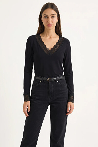 Şeker Portakalım Women's V-Neck Lace Viscose Black Blouse