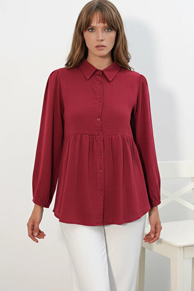 Efnaz style Women's Oversized Textured Linen Burgundy Shirt with Gathered Waist