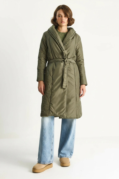 Efnaz style Women's Belted Shawl Collar Quilted Khaki Coat