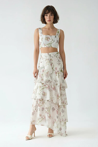 Efnaz style Women's Floral Patterned Crop Lined Layered Flounce Long Green Sk...