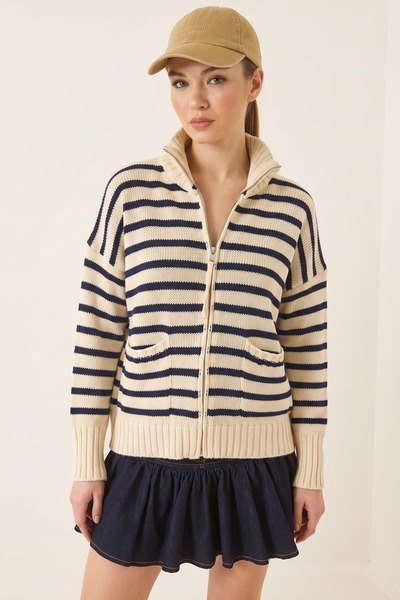 Generic Brand Women's Striped Knitwear Ecru Navy Blue Cardigan