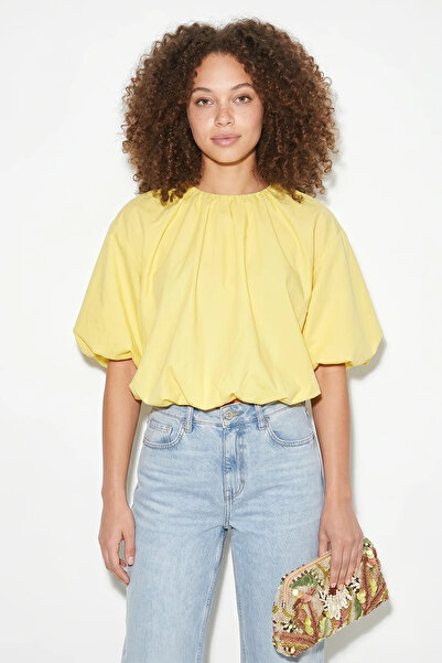 Efnaz style Women's Crew Neck Poplin Yellow Blouse