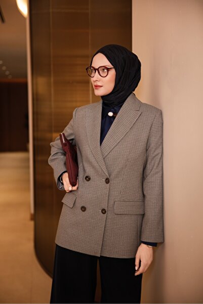 Armine Sequin Plaid Pattern Blazer Jacket Gray