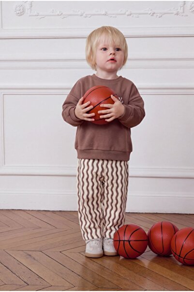 Magu Children's Cotton Brown Sweatshirt with Text Detail and Striped Sweatpan...