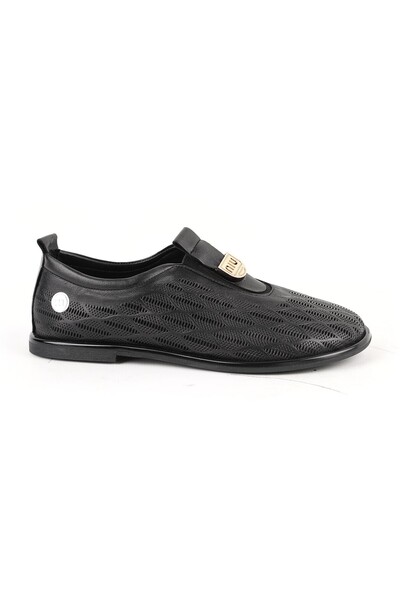 Mammamia Women's Casual Shoes Genuine Leather Laser Cut Perforated Flat Sole Metal Accessory Slip-On 26Y-850