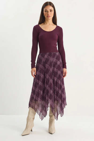 Şeker Portakalım Women's Plaid Patterned Wrinkled Effect Lined Midi Chiffon P...