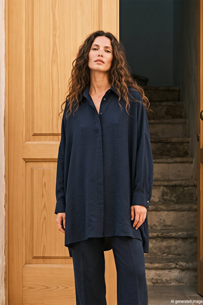 Lale Butik Straight Cut Button Detailed Modal Shirt 19605 Navy Blue