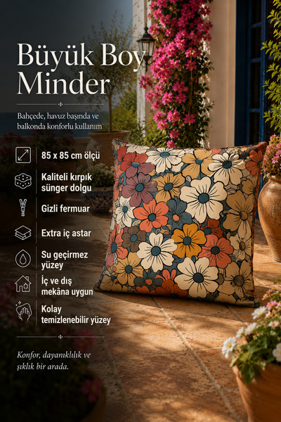 Moud's Çiçek Desenli 85x85 Yer Minderi, Baskılı Su İtici Yer Minderi, Konforl...