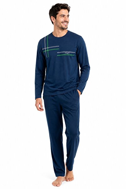 Pierre Cardin Men's Pajama Set, Crew Neck, Cotton, Asymmetrical Line Pattern