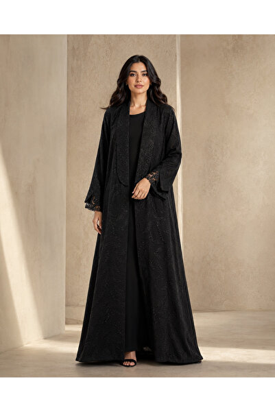KAVALEE Luxury Black Leaf Jacquard Open Abaya with Lace Cuffs & Beaded Details