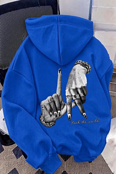 Oksit Unisex Oversize La Back Printed "Rock the World" Hooded Sweatshirt Hoodie