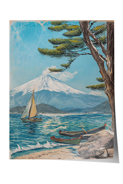 Zestia Poster premium cu pictură în ulei, peisaj cu Muntele Fuji și barca cu ...