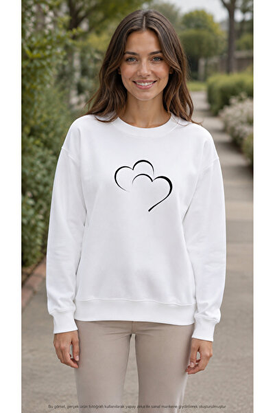 caddekombin Women's Double Heart Printed Round Neck Long Sleeve Sweatshirt