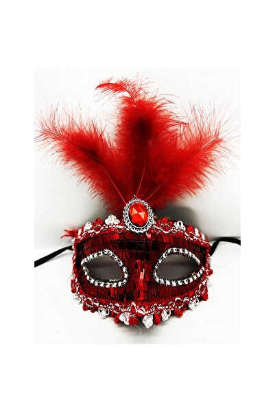 pınaxar Luxury Red Feathered Stone Prom Mask