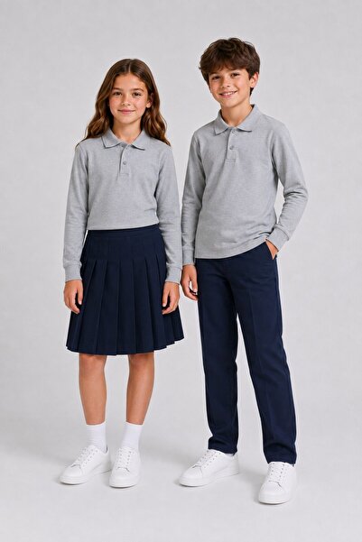 The Clover Girls & Boys Unisex Gray 100% Cotton Polo Collar Long Sleeve 2-Pie...