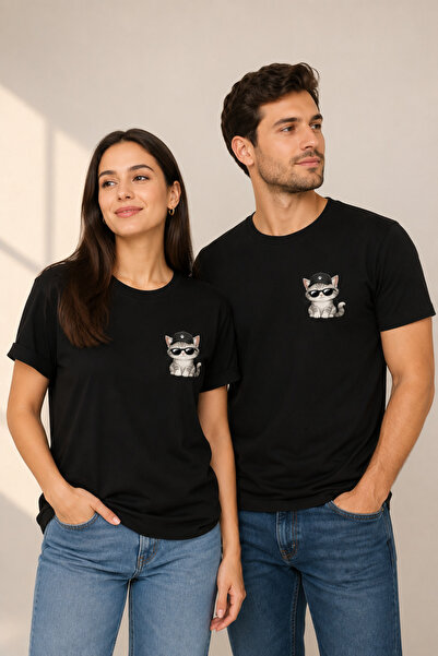 MultiTrendy Unisex Black Cat Printed T-Shirt 100% Cotton Basic T-Shirt with C...
