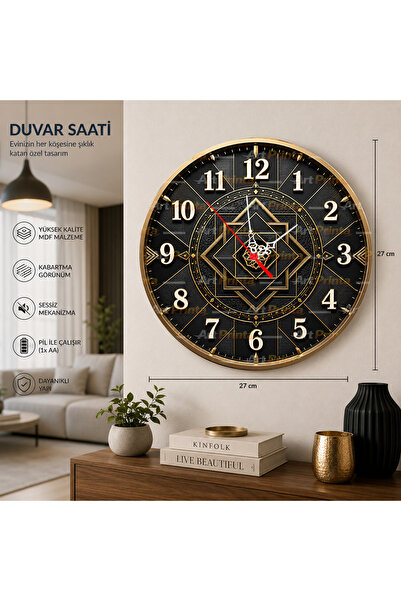 artprinta Siyah Gold Geometrik Dekoratif Duvar Saati