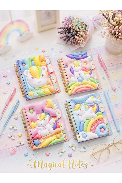 ÖZ OFİS Sevimli Unicorn Temalı Ayraçlı Spiralli Not Defteri 72 Yaprak Çizgili...