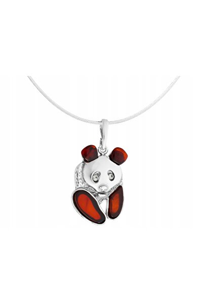 NO BRAND Colier mare din argint cu ursuleț panda, zirconii, chihlimbar și arg...