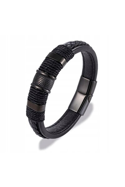 NO BRAND Brățară din piele cu mărgele negre și șnur