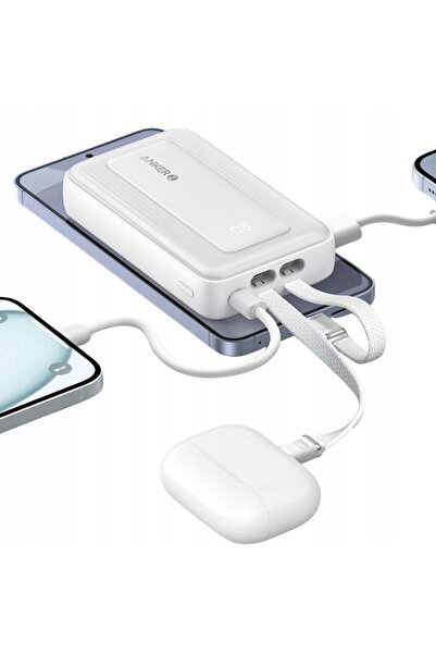 Anker Powerbank Zolo 20000 mAh 30W cu cablu USB-C și Lightning Alb