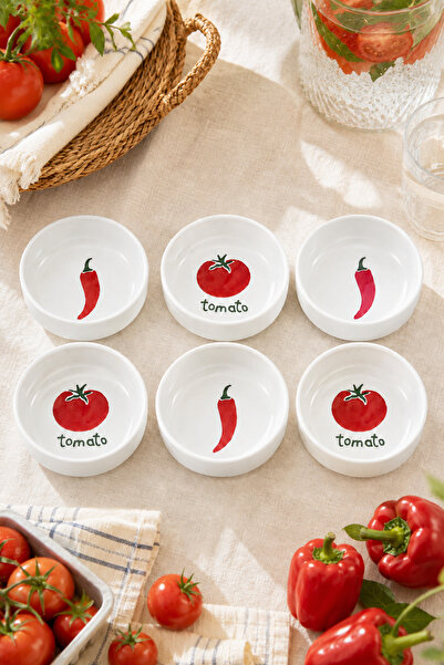 Papart 6’lı Domates ve Biber Desenli Seramik Çerezlik Seti 10 cm Kahvaltılık ...