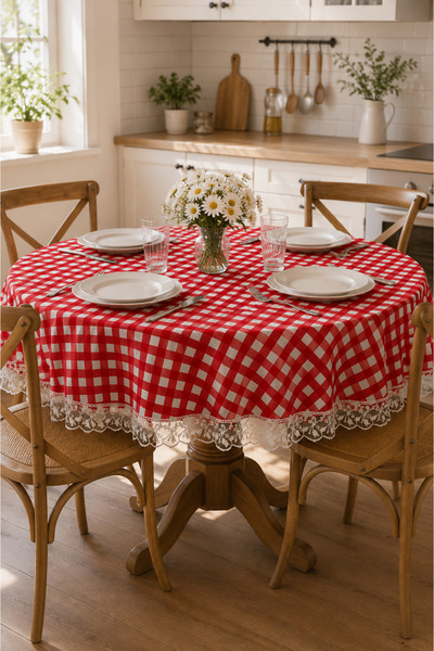 Rona Home Round Tablecloth Red Gingham Lace Stain Resistant Kitchen Dining Ta...