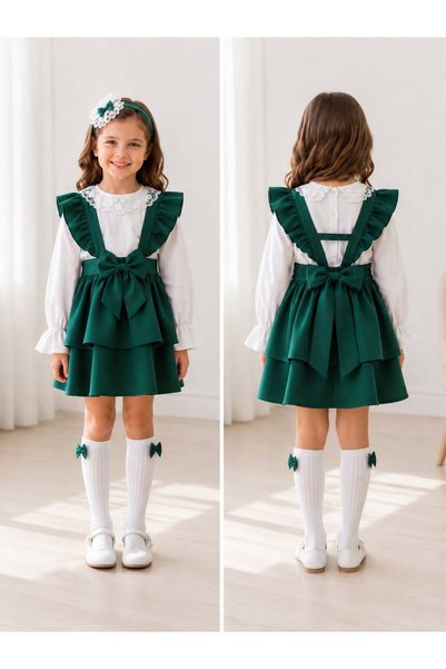 TREND NATURAL Trendnatural Baby Girl and Kids School Nursery Ruffle Bow Salopet Dress Set with Lace Blouse, Headband and Socks 4-Piece Set (1-10 Years)