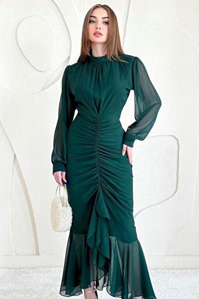 SEREMONİ BUTİK Emerald Front Gathered Chiffon Dress