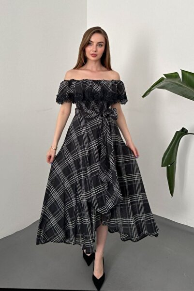 ELBEE Black Plaid Lace Dress