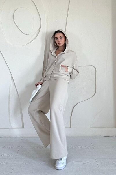 ELBEE Beige Elastic Waist Jacket and Pants Set