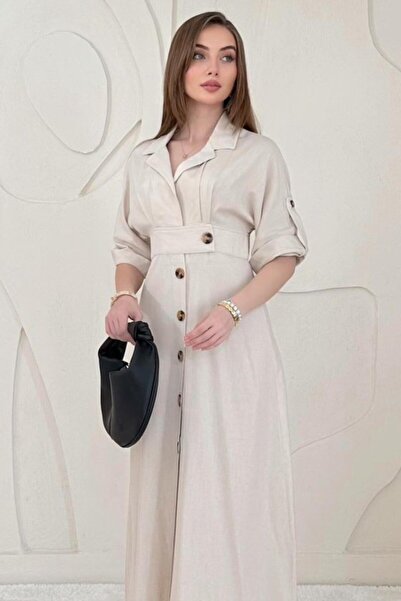 Generic Brand Beige Buttoned Linen Dress