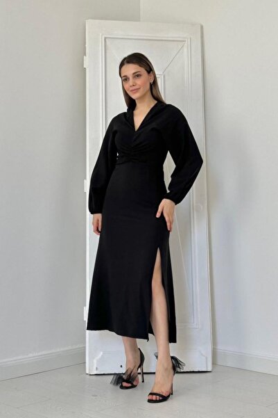 ELBEE Black Drawstring Crepe Dress
