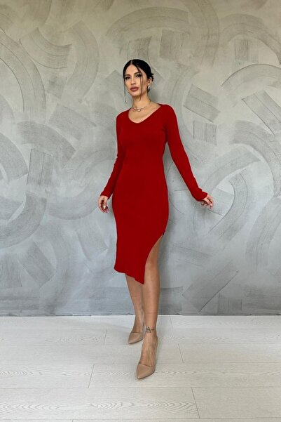 ELBEE Red Skirt Slit Knitwear Dress