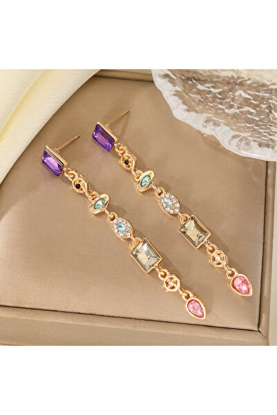 Choice Gold-color Vintage Multi-Color Mixed Artificial Gemstone Long Dangling...