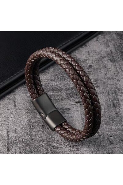 Choice1 21cm Brown Men's Handwoven Leather Bracelet | Classic Double-Layer Wr...