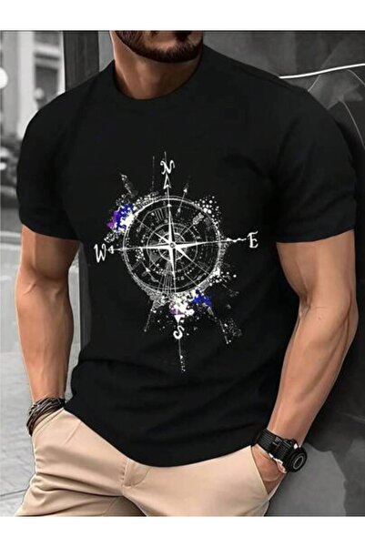 23ERVA Men'S Compass Print T-Shirt, Round Neck Short Sleeve Summer Casual Str...