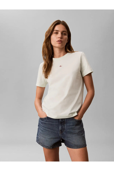 Calvin Klein SS WOVEN LABEL CLASS, 4C8 Yeşil Kadın T-Shirt